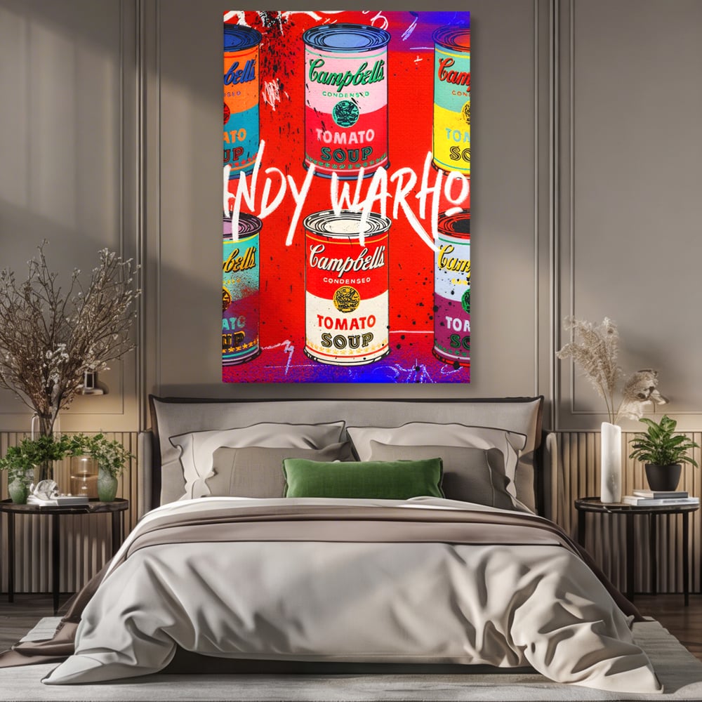 Tablou canvas cu tablou canvas cu cutii de supa, fara rama, pe sasiu de lemn, pe perete intr-un dormitor